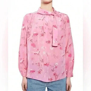 NWOT Women's Topshop Pink Long Sleeve Blouse Size 4 100% Silk Love Neck Tie